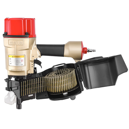 meite USA CN80B 3-1/4'' Pneumatic Coil Pallet Nailer loading with coil nails in opening magazine in white 