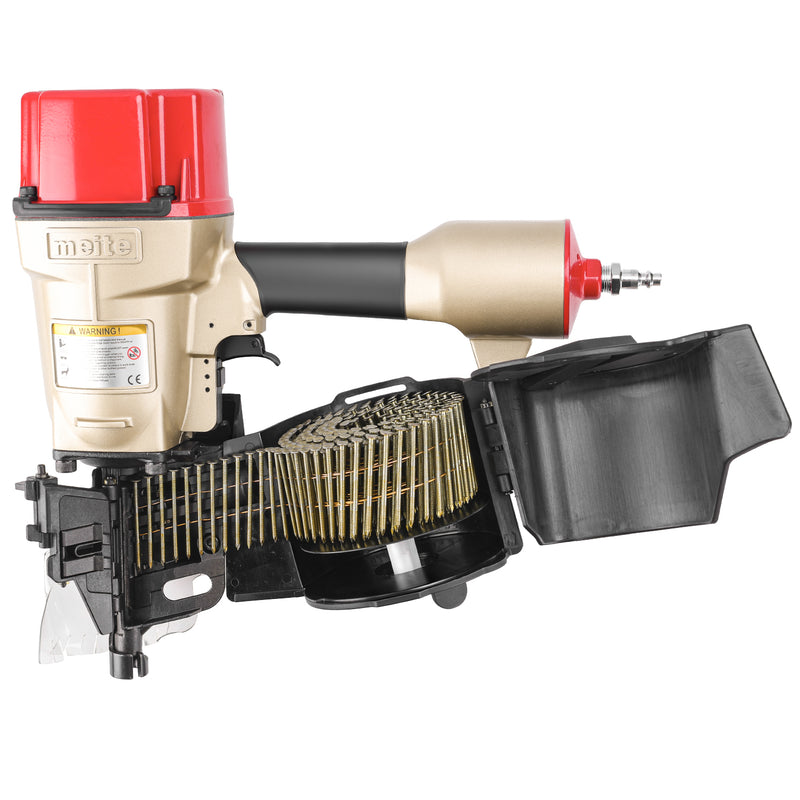 meite USA CN90 3-1/2'' Pneumatic Coil Pallet Nailer loading with coil nails in opening magazine in white background