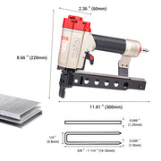 Length, width, height information of   meite USA MT432KLM 18 gauge pneumatic upholstery stapler and compatible staples information