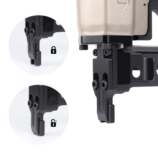Close-up view of meite USA MT432KLM 18 gauge pneumatic upholstery stapler showing locked or unlocked trigger