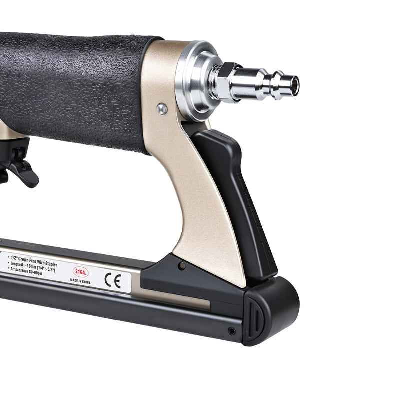 Close-up of fast nail reloading system on meite USA MT8016S 21 gauge 1/2'' crown air upholstery stapler 