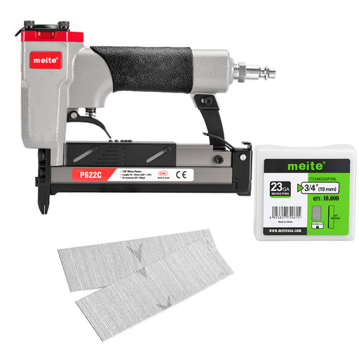 Front-view of the meite USA P622C 23Ga pneumatic pin nailer, shown with included one box of compatible pin nails.
