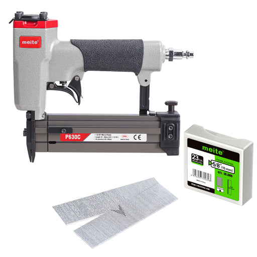 Front-view of the meite USA P630C 23Ga pneumatic pin nailer, shown with included one box of compatible pin nails.