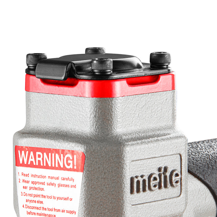 Close-up of top air exhaust and upper part with logo on Meite USA V1015B Pneumatic V-Nailer Picture Frame Joiner