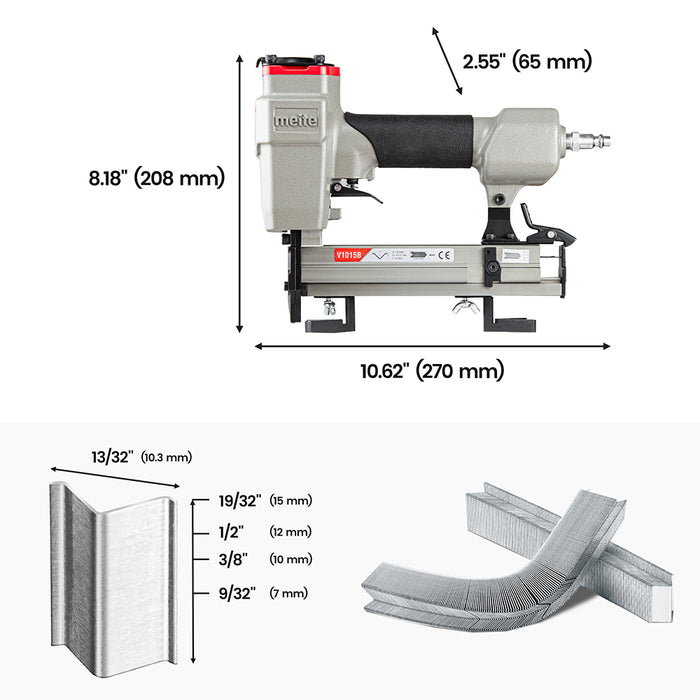 Meite USA V1015B picture frame nailer image showing the tool with labeled dimensions for length, width, and height, along with compatible nail sizes displayed