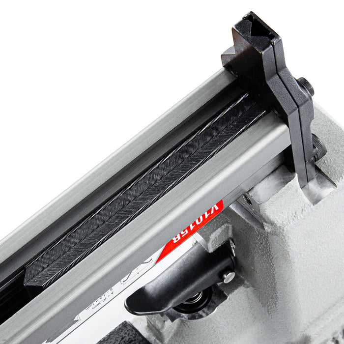 Close-up view of the Meite USA V1015B picture frame nailer, showing and magazine structure with v nails