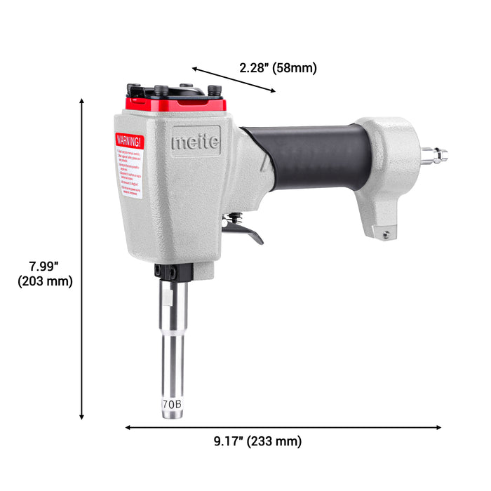 length, width and height information of meite USA ZN1170B pneumatic decorative nailer on white background
