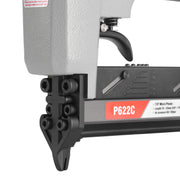 Detailed view of meite USA P622C 23 gauge pin nailer showing metal muzzle