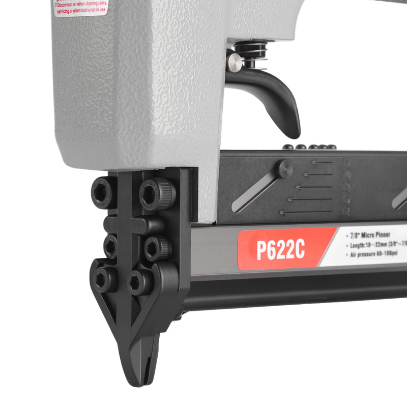 Detailed view of meite USA P622C 23 gauge pin nailer showing metal muzzle