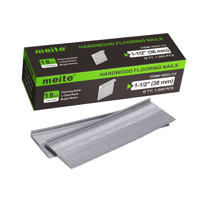 Meite USA 18Ga 1-1/2 inch length L-cleat flooring nails packaging box with with two strips flooring nails on white background