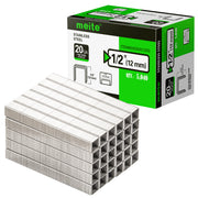 Meite USA 20Ga 1/2 inch crown 1/2'' length 304 stainless steel upholstery staples box with 5040 pieces displayed on a white background, shown with a samll pile of galvanized staples in front