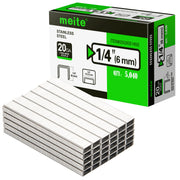 Meite USA 20Ga 1/2 inch crown 1/4'' length 304 stainless steel upholstery staples box with 5040 pieces displayed on a white background, shown with a samll pile of galvanized staples in front