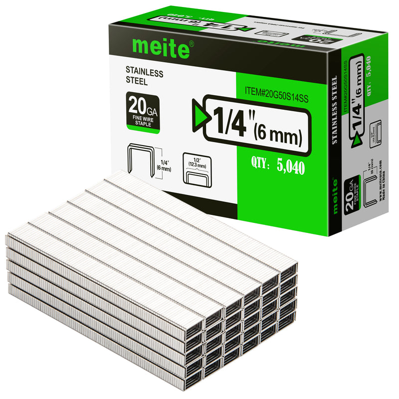 Meite USA 20Ga 1/2 inch crown 1/4'' length 304 stainless steel upholstery staples box with 5040 pieces displayed on a white background, shown with a samll pile of galvanized staples in front