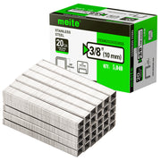Meite USA 20Ga 1/2 inch crown 3/8'' length 304 stainless steel upholstery staples box with 5040 pieces displayed on a white background, shown with a samll pile of galvanized staples in front