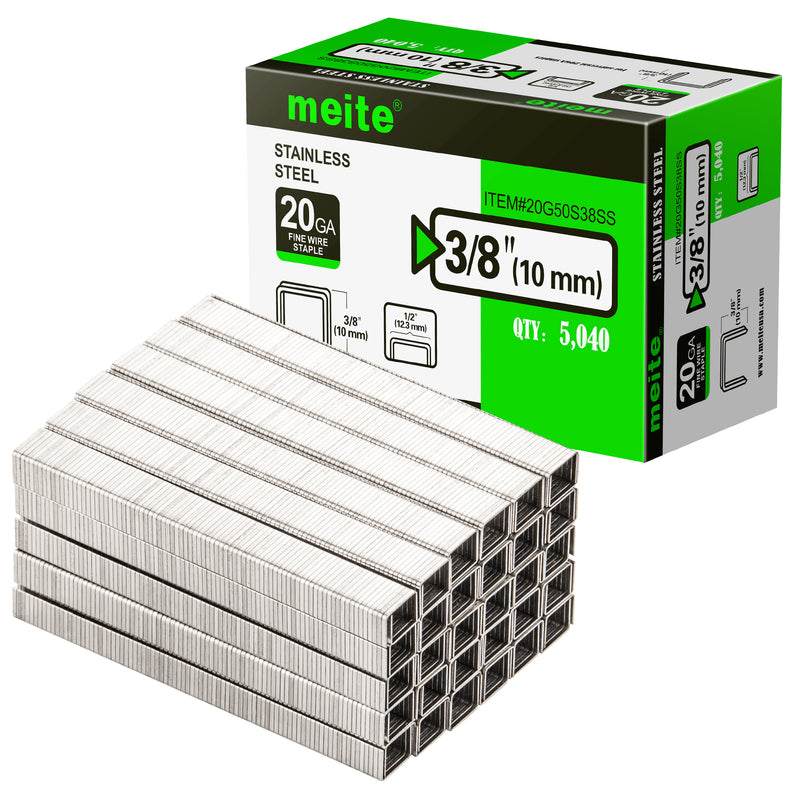 Meite USA 20Ga 1/2 inch crown 3/8'' length 304 stainless steel upholstery staples box with 5040 pieces displayed on a white background, shown with a samll pile of galvanized staples in front
