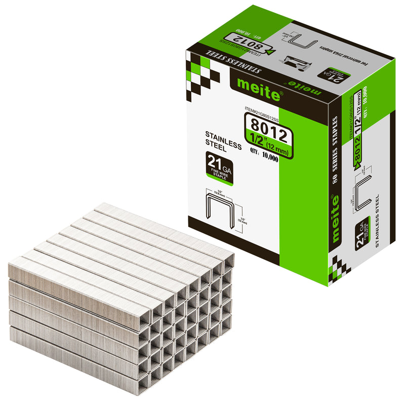 Meite USA 21Ga 1/2 inch crown 1/2'' length 304 stainless steel upholstery staples box with 10000 pieces displayed on a white background, shown with a samll pile of staples in front