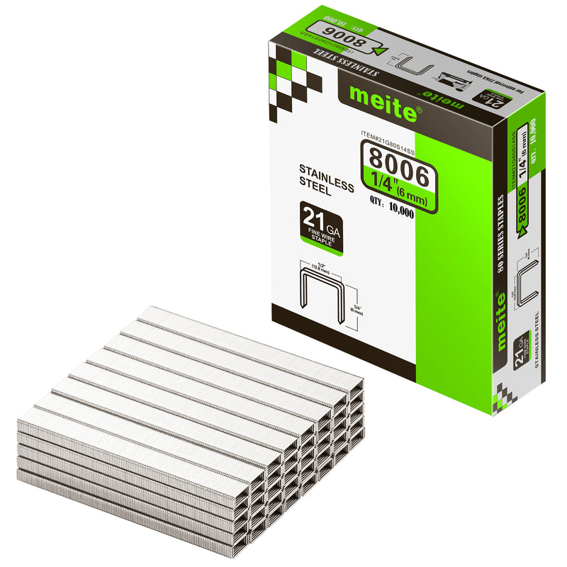 Meite USA 21Ga 1/2 inch crown 1/4'' length 304 stainless steel upholstery staples box with 10000 pieces displayed on a white background, shown with a samll pile of staples in front