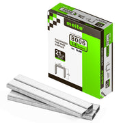 Meite USA 21Ga 1/2 inch crown 1/4'' length upholstery staples box with 10000 pieces displayed on a white background, shown with a samll pile of galvanized staples in front