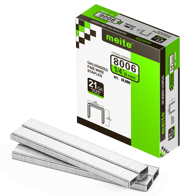 Meite USA 21Ga 1/2 inch crown 1/4'' length upholstery staples box with 10000 pieces displayed on a white background, shown with a samll pile of galvanized staples in front