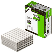 Meite USA 21Ga 1/2 inch crown 3/8'' length 304 stainless steel upholstery staples box with 10000 pieces displayed on a white background, shown with a samll pile of staples in front