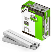 Meite USA 21Ga 1/2 inch crown 3/8'' length upholstery staples box with 10000 pieces displayed on a white background, shown with a samll pile of galvanized staples in front