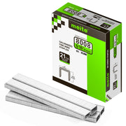 Meite USA 21Ga 1/2 inch crown 5/16'' length upholstery staples box with 10000 pieces displayed on a white background, shown with a samll pile of galvanized staples in front
