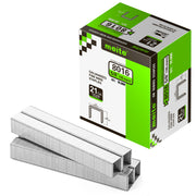 Meite USA 21Ga 1/2 inch crown 5/8'' length upholstery staples box with 10000 pieces displayed on a white background, shown with a samll pile of galvanized staples in front