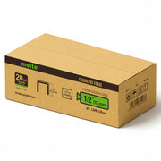 Meite USA case pack containing 10 boxes of 20Ga 1/2-inch crown 1/2'' length 304 stainless steel upholstery staples with 5040 pieces per box on a white background