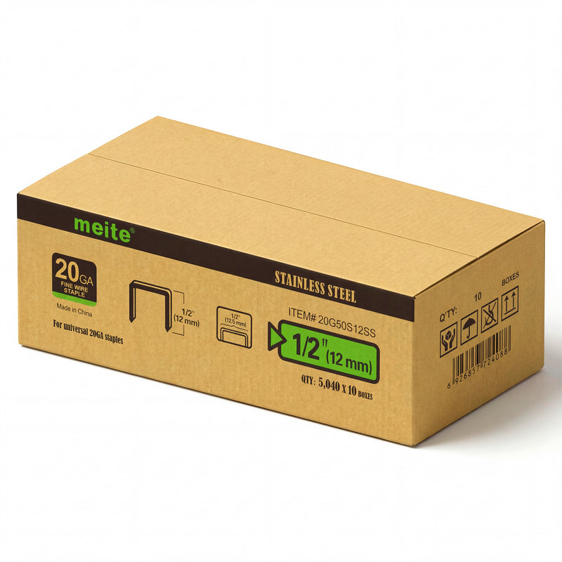 Meite USA case pack containing 10 boxes of 20Ga 1/2-inch crown 1/2'' length 304 stainless steel upholstery staples with 5040 pieces per box on a white background