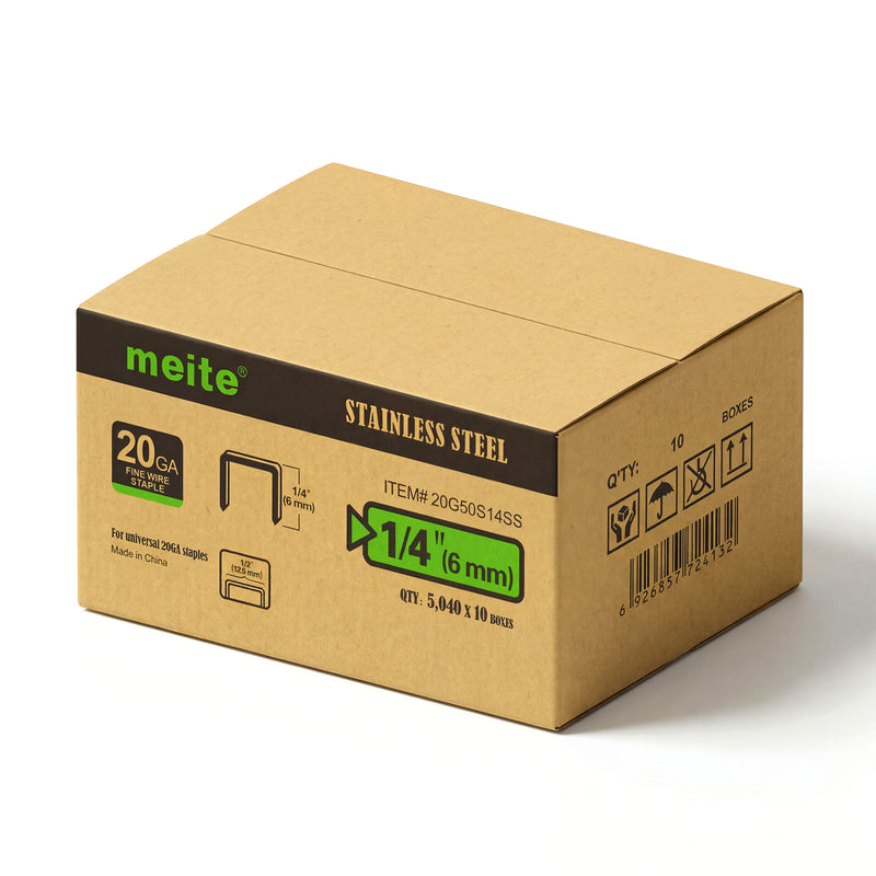 Meite USA case pack containing 10 boxes of 20Ga 1/2-inch crown 1/4'' length 304 stainless steel upholstery staples with 5040 pieces per box on a white background