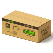 Meite USA case pack containing 10 boxes of 20Ga 1/2-inch crown 3/8'' length 304 stainless steel upholstery staples with 5040 pieces per box on a white background