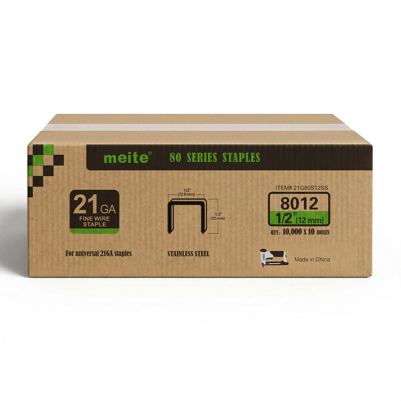 Meite USA case pack containing 10 boxes of 21Ga 1/2-inch crown 1/2'' length 304 stainless steel upholstery staples with 10000 pieces per box on a white background