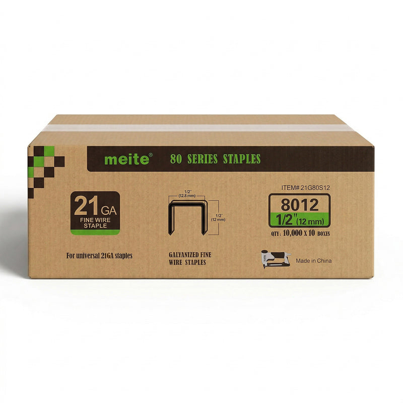 Meite USA case pack containing 10 boxes of 21Ga 1/2-inch crown 1/2'' length upholstery staples with 10000 pieces per box on a white background