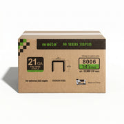 Meite USA case pack containing 10 boxes of 21Ga 1/2-inch crown 1/4'' length 304 stainless steel upholstery staples with 10000 pieces per box on a white background