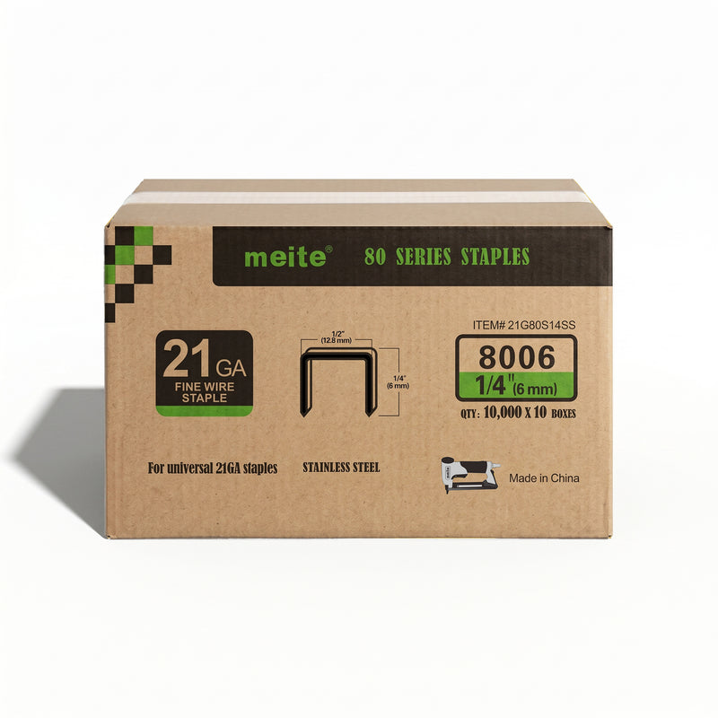 Meite USA case pack containing 10 boxes of 21Ga 1/2-inch crown 1/4'' length 304 stainless steel upholstery staples with 10000 pieces per box on a white background