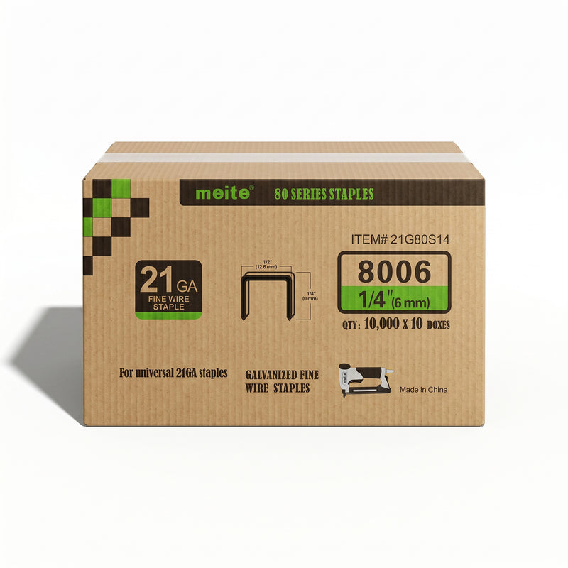Meite USA case pack containing 10 boxes of 21Ga 1/2-inch crown 1/4'' length upholstery staples with 10000 pieces per box on a white background