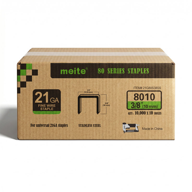 Meite USA case pack containing 10 boxes of 21Ga 1/2-inch crown 3/8'' length 304 stainless steel upholstery staples with 10000 pieces per box on a white background