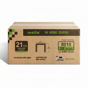 Meite USA case pack containing 10 boxes of 21Ga 1/2-inch crown 3/8'' length upholstery staples with 10000 pieces per box on a white background