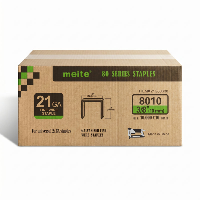 Meite USA case pack containing 10 boxes of 21Ga 1/2-inch crown 3/8'' length upholstery staples with 10000 pieces per box on a white background