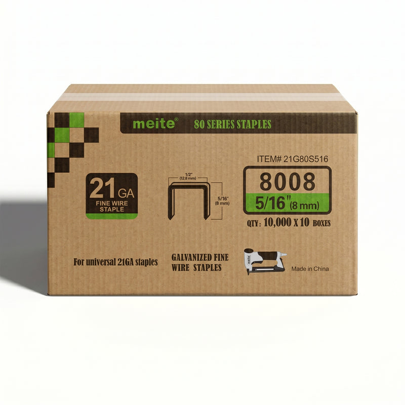 Meite USA case pack containing 10 boxes of 21Ga 1/2-inch crown 5/16'' length upholstery staples with 10000 pieces per box on a white background