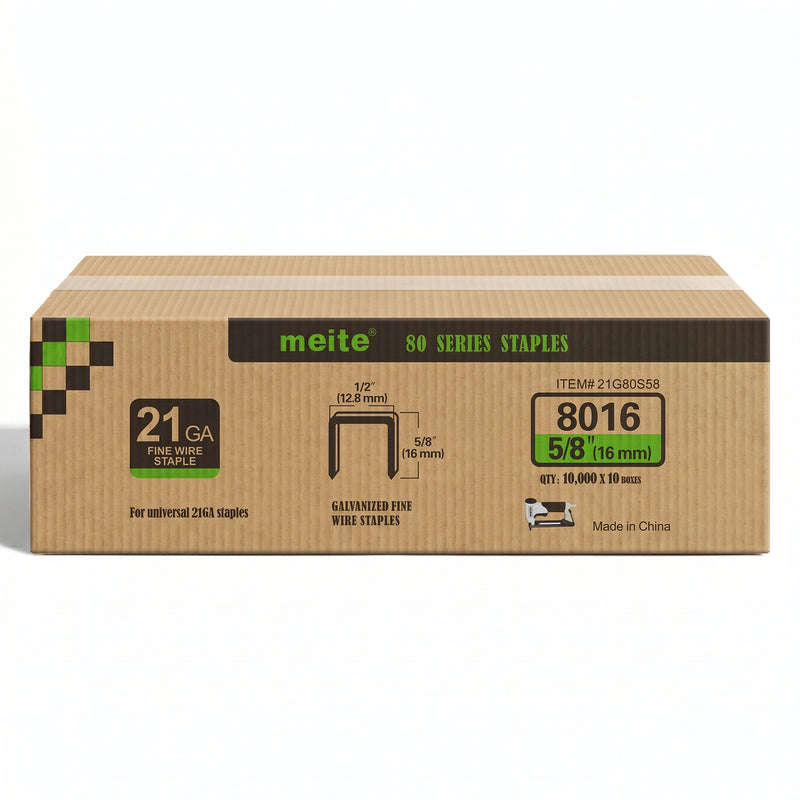 Meite USA case pack containing 10 boxes of 21Ga 1/2-inch crown 5/8'' length upholstery staples with 10000 pieces per box on a white background