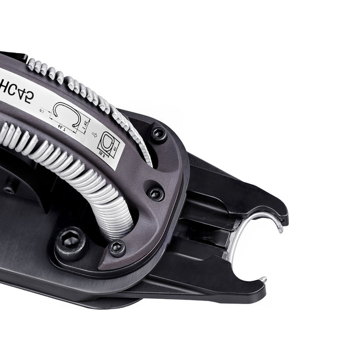 Close-up of open jaw with rings of meite USA MTHC45 11Ga Manual Hog Ring Plier in white background