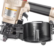 Close-up of the opening magazine of meite USA CN55 2-1/4'' Pneumatic Coil Siding Nailer loading in white background, shown the nailing length