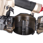 Close-up of the opening magazine of meite USA CN65S 2-1/2'' Pneumatic Coil Siding Nailer loading in white background, shown the nailing length