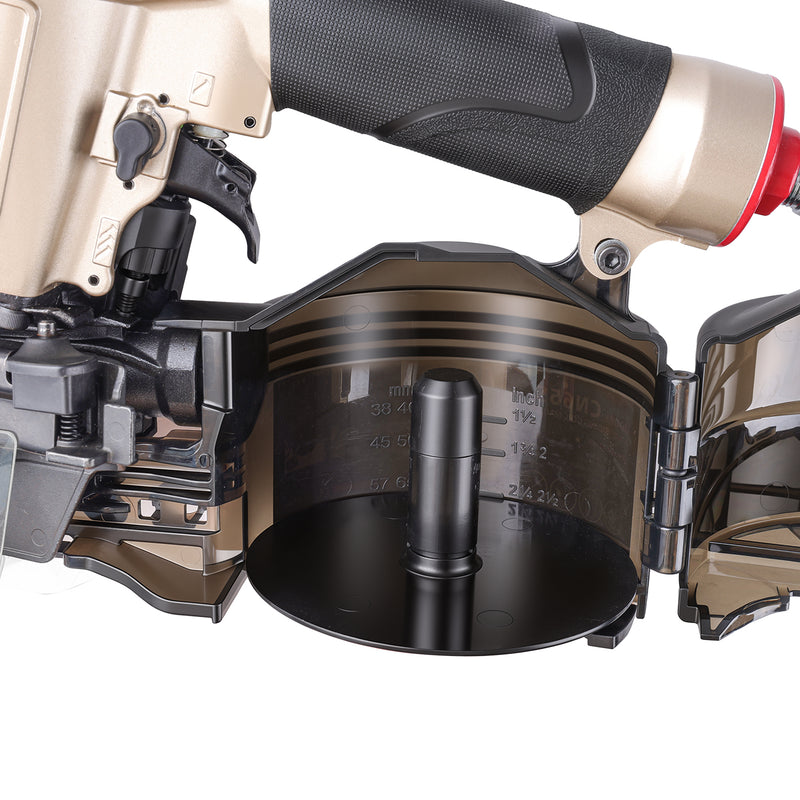 Close-up of the opening magazine of meite USA CN65S 2-1/2'' Pneumatic Coil Siding Nailer loading in white background, shown the nailing length