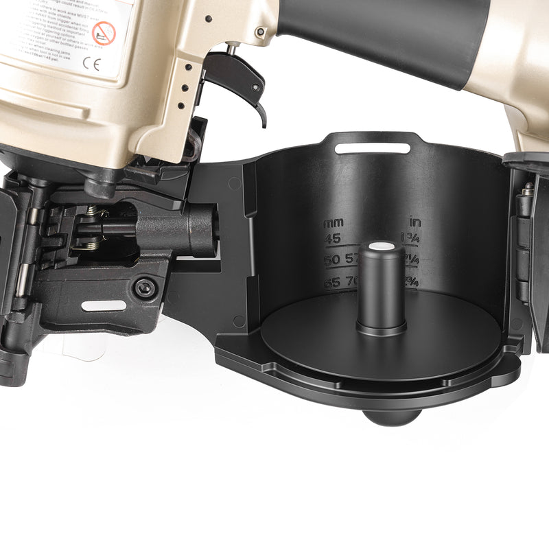 Close-up of the opening magazine of meite USA CN70B 2-3/4'' Pneumatic Coil Pallet Nailer loading in white background, shown the nailing length