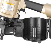 Close-up of the opening magazine of meite USA CN80B 3-1/4'' Pneumatic Coil Pallet Nailer loading in white background, shown the nailing length