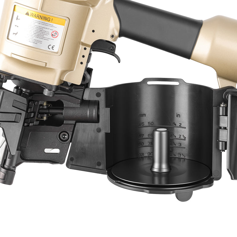 Close-up of the opening magazine of meite USA CN80B 3-1/4'' Pneumatic Coil Pallet Nailer loading in white background, shown the nailing length