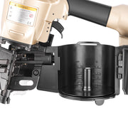Close-up of the opening magazine of meite USA CN90 3-1/2'' Pneumatic Coil Pallet Nailer loading in white background, shown the nailing length