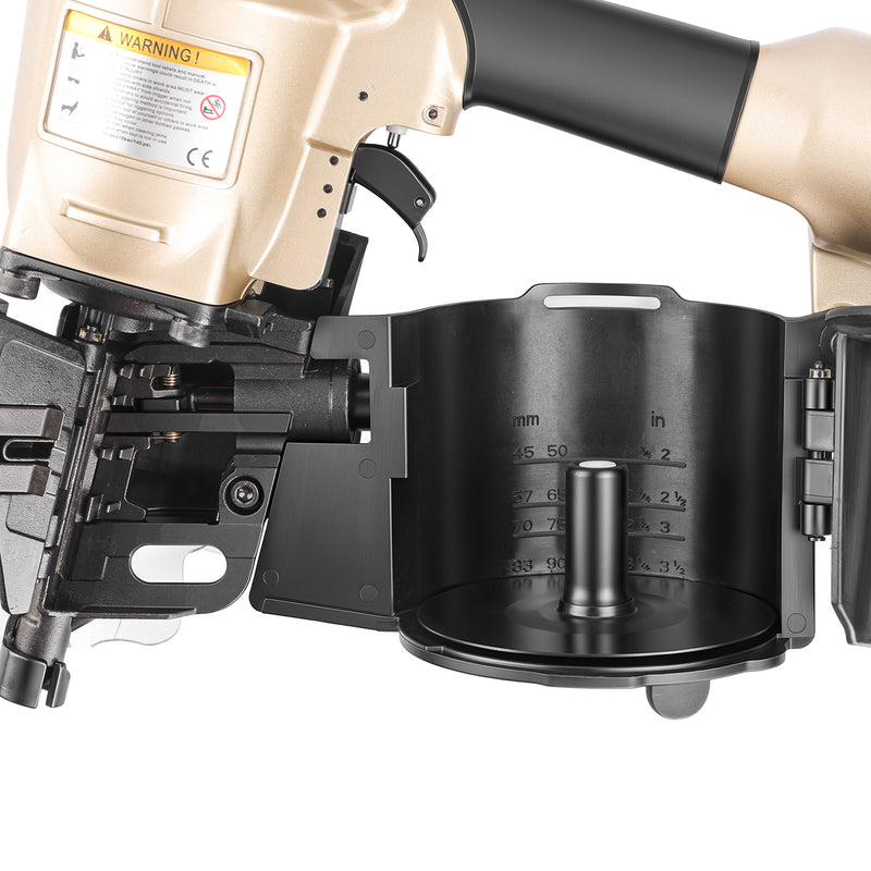 Close-up of the opening magazine of meite USA CN90 3-1/2'' Pneumatic Coil Pallet Nailer loading in white background, shown the nailing length